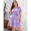 Women Plus Size V Neck Wrap Dress High Waist Short Sleeve Ruffle Casual Summer Midi Dress with Belt,purple flower,4XL - 2 of 4