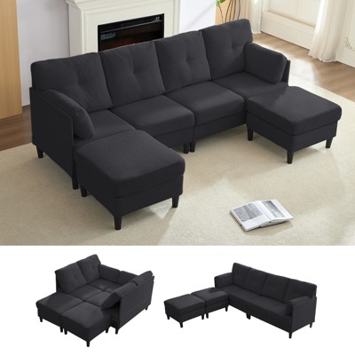 Mjkone Modular Convertible Sectional Sofa Couch, Upholstered Comfy Fabric 4-Seater Sofa with Movable Ottomans