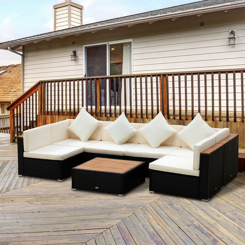 Outsunny 7-Piece Outdoor Wicker Sofa Set, PE Rattan Sectional Furniture Patio Couch w/ Acacia Top Coffee Table & Cushion for Garden, Backyard,, 3 of 7