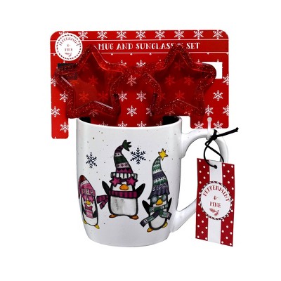 16oz Ceramic Penguin and Gnomes Mug and Sunglass Gift Set - Peppermint & Pine