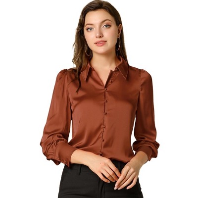 Allegra K Women's Satin Puff Sleeve Point Collar Vintage Button Up Shirt Burnt Orange Small