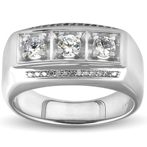 Pompeii3 1ct Diamond Mens Three Stone Wedding Anniversary Ring 10k White Gold - 1 of 4