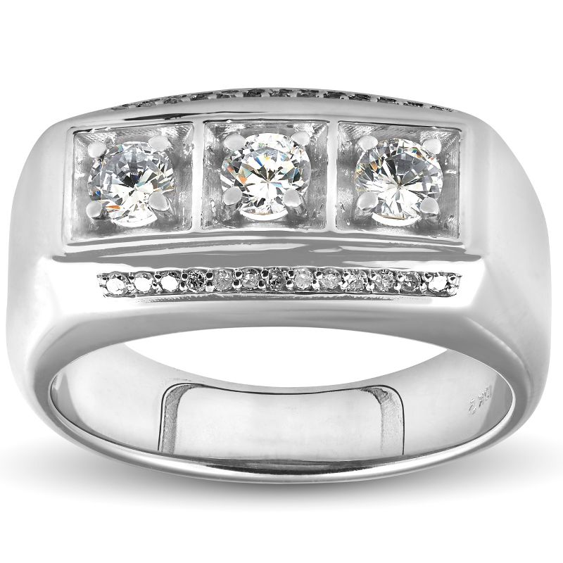 Pompeii3 1ct Diamond Mens Three Stone Wedding Anniversary Ring 10k White Gold, 1 of 5