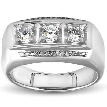 Pompeii3 1ct Diamond Mens Three Stone Wedding Anniversary Ring 10k White Gold