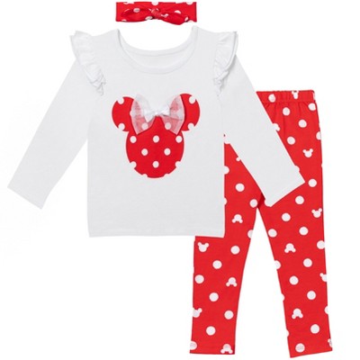 Image of Disney Minnie Mouse Newborn Baby Girls Long Sleeve T-Shirt Headband & Pant Set 6-9 Months