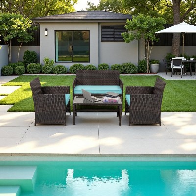 Nertpow Deluxe 4 Piece Patio Furniture Set, Weatherproof Patio Conversation Set with 3 Sofa and 1 Table , Brown Rattan and Navy Blue Cushion