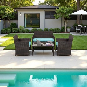 Nertpow Deluxe 4 Piece Patio Furniture Set, Weatherproof Patio Conversation Set with 3 Sofa and 1 Table , Brown Rattan and Navy Blue Cushion - 1 of 4