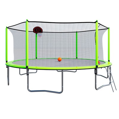 VisioGear Trampoline, Trampoline with Safety Enclosure Net, Trampoline with Basketball Hoop, Green, 180"*180"*106.32"