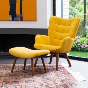 Mshliw Contemporary Velvet Tufted Accent Chair with Ottoman, Mid-Century Wingback Lounge Chair Set with Rubberwood Legs - 1 of 4