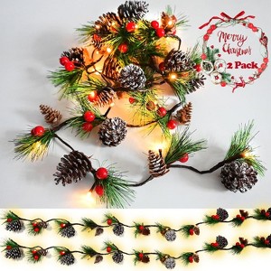 Set of 2 Christmas wreath lights, 13 feet long, 40 LED bulbs, pine cone design with red berries. - 1 of 4