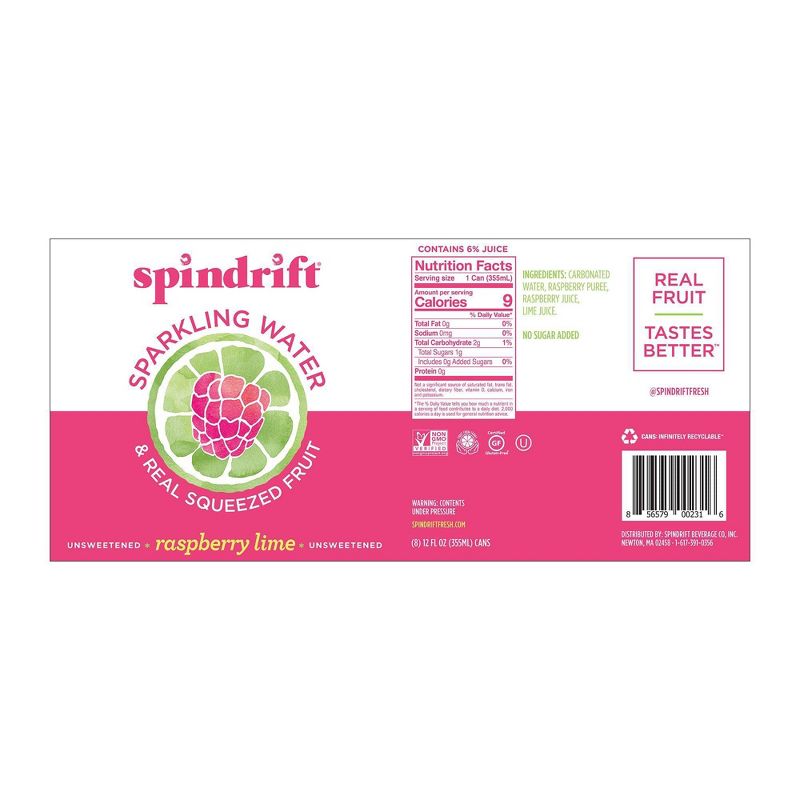 Spindrift Raspberry Lime Sparkling Water - 8pk/12 fl oz Cans, 4 of 8