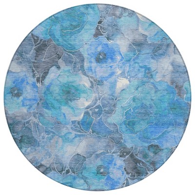 Blue And Gray Floral Washable Indoor Outdoor Area Rug