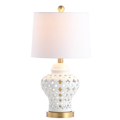 20.5" Ceramic/Metal Quatrefoil Fretwork Pierced Ginger Jar Table Lamp (Includes LED Light Bulb) White - JONATHAN Y