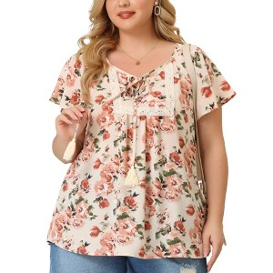 Agnes Orinda Women's Plus Size Chiffon Tie Neck Tassel Lace Insert Flare Short Sleeve Floral Blouses - 1 of 4