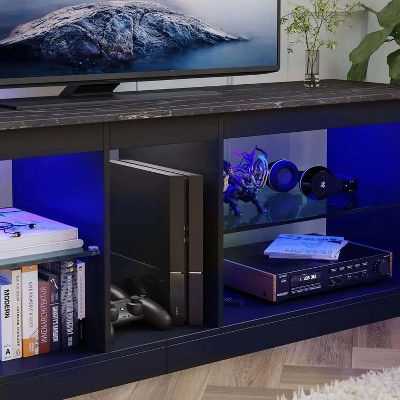 Black Marble 63-inch TV Stand with LED Lights and Glass Shelves