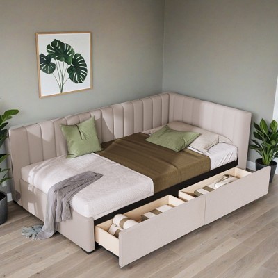 Twin Size Daybed with Storage Drawers, Upholstered Day Bed Frame Mid Century Linen Sofa Beds with Vertical Channel Tufted Headboard - Leovsnove