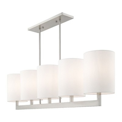 Contemporary Brushed Nickel 5-Light Linear Chandelier with Off-White Shades