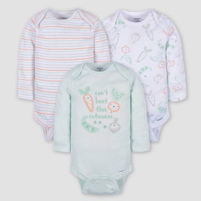 Gerber Baby 3pk Vegetables Long Sleeve Onesies - White/Light Blue Newborn