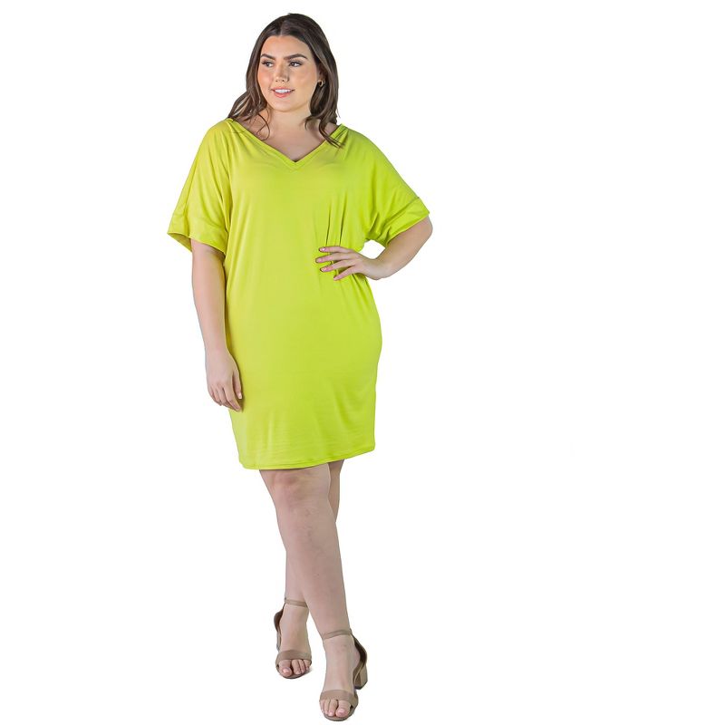 24seven Comfort Apparel Plus Size Solid Color Loose Fit V Neck T Shirt Style Knee Length Dress, 1 of 6