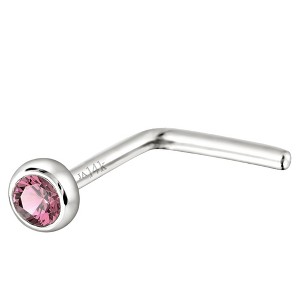 Jewelry Avalanche 22G 14K Gold Bezel-set Pink Tourmaline L-shape Nose Stud - 1 of 3