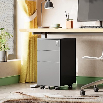 11.8" Slim Vertical File Cabinet, 3-Drawer Mobile Filing Cabinet for Home Office, Space-Saving Document Organizer with Lock