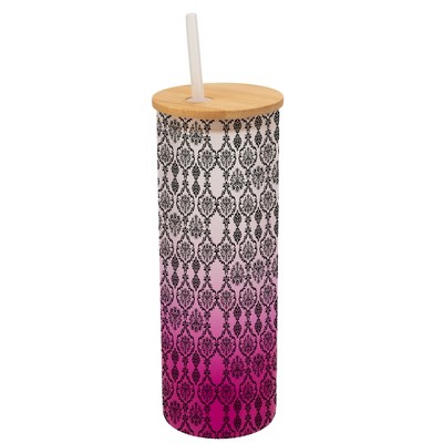 Elanze Designs Vintage Floral Damask Wallpaper Pattern Wrap-Around Design 25 Ounce Frosted Gradient Glass On-The-Go Coffee Travel Skinny Tumbler Mug