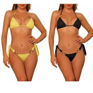 Elerevyo Women's Chain Linked Detail Textured Tie Side Triangle Thong Bottom Swimwear Bathing Suits 2 Sets - 1 of 4