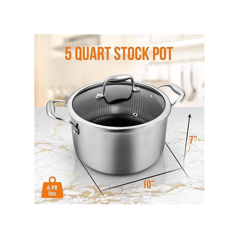 NutriChef NC3PCAS 5-Quart Nonstick Tri-Ply Stainless Steel Stew Pot with Glass Lid, 2 of 7