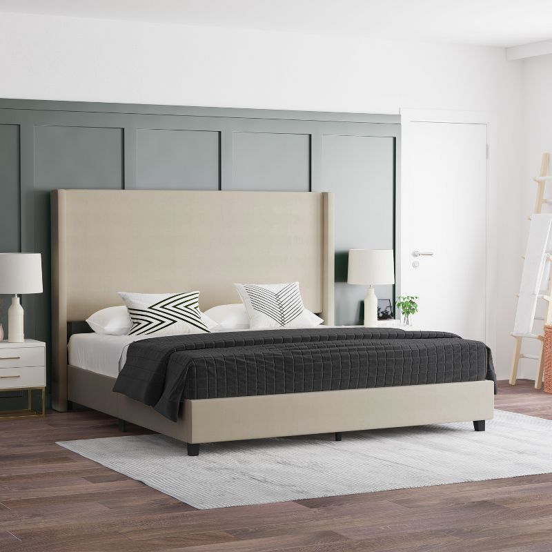 Emma and Oliver upholstered Platform Bed with Plush Padded Wingback Headboard and Wood Support Slats - No Box Spring Needed, 3 of 13