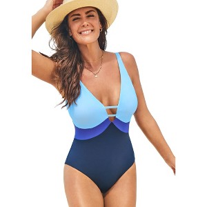 Swimsuits for All Women's Colorblock V-Neck One Piece Swimsuit (Plus Sizes Available) - 1 of 4