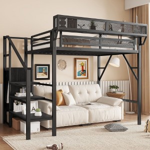Twin Size Loft Bed with Stairs Metal Full Loft Bed with Storage Shelves High Loft Bed with Wardrobe for Kids Teens Black - 1 of 4