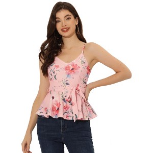 Allegra K Women's Floral Print Sleeveless V Neck Tie Waist Peplum Cami Top - 1 of 4