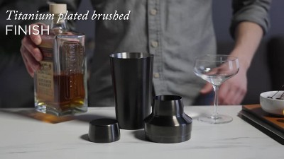 Viski Titanium Cocktail Shaker, Cobbler Shaker with Brushed Finish,  Built-In Strainer and Cap, 18.5 Oz, Set of 1, Black