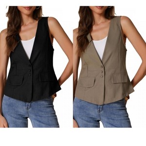 INSPIRE CHIC Women's Sleeveless Linen Button Down V Neck Faux Flap Pocket Lightweight Summer Vest 2 Packs - 1 of 4