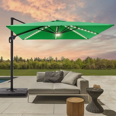 Sonkuki 11FT Round Offset Outdoor Solar LED Patio Aluminum Cantilever Umbrella w/ Base Included & Infinite Canopy Angle Adjustment