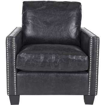 Horace Leather Club Chair  Silver Nail Heads - Antique Black - Safavieh.