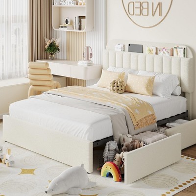 Twin Bed Frame with Storage Headboard, Girls Bed Frame with 2 Drawers