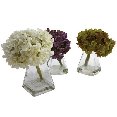 Set of 3 Multicolor Artificial Hydrangea Arrangements with Glass Vases