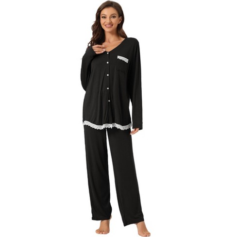 Cheibear Women's Satin Button Down Lounge Sleepwear Tops And Pants Pajama  Set Black X Small : Target