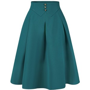 Allegra K Women's Pleated Button Decor High Waist Casual Office Swing Midi Skirts - 1 of 4