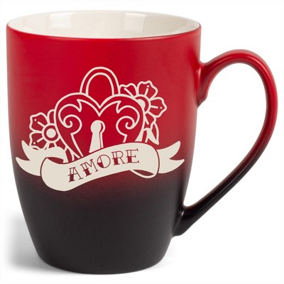100 North Floral Heart 10 Ounce Red and Black Two Toned Ombre, Comfortably Fits Your Hands, Ceramic Tea Coffee Cup Mug, Amore
