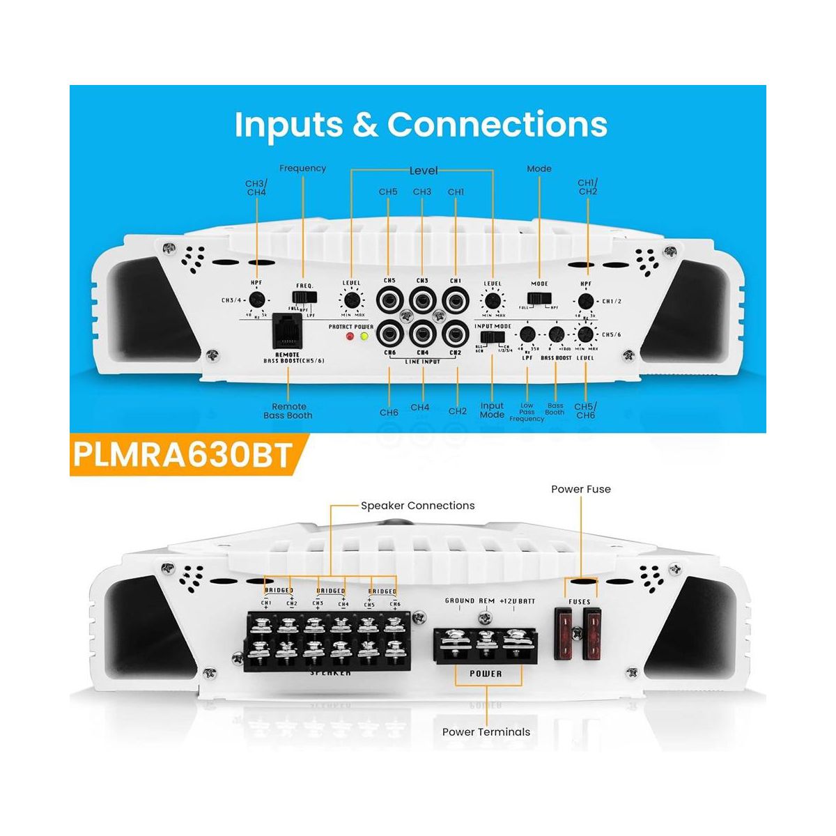 6-Channel Marine Amplifier for Bluetooth Streaming with Waterproof Design, Dual Speakers, All Devices Compatible - thumbnail 3