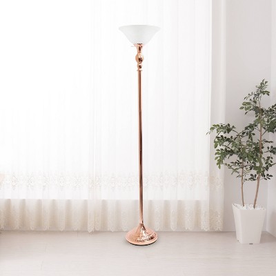 Elegant Rose Gold Torchiere Floor Lamp with Marbleized White Glass