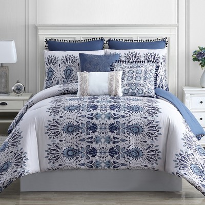 Karina King White and Blue Microfiber Reversible Comforter Set
