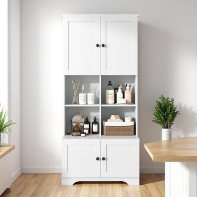 Tall Bathroom Storage Cabinet with 4 Doors and Open Shelves, Freestanding Floor Cabinet with Adjustable Shelf, MDF Organizer