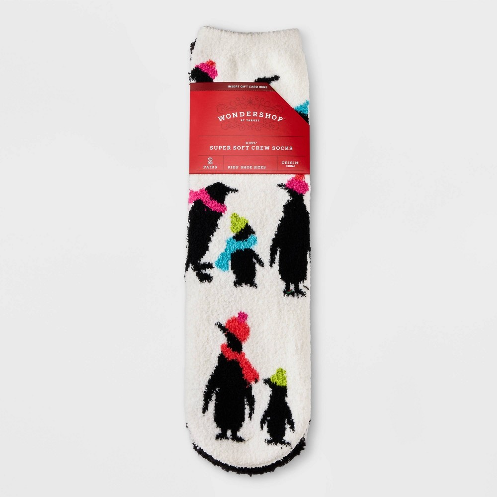 M/L Kids' Penguins 2pk Cozy Crew Socks with Gift Card Holder - Wondershop White M/L