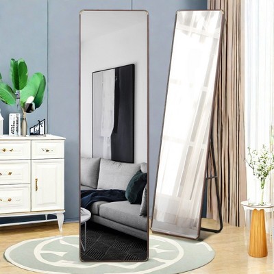 FURNIinspire Full Length Mirrors Floor Standing Wall Mirror, Bedroom Foyer, Clothing Store, Wall Mounted Mirror, Square Light Brown, 16.5"*0.57"*60"
