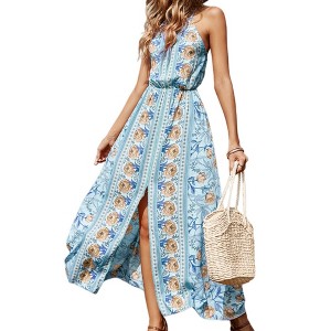 Anna-Kaci Women's Floral Print Maxi Dress with Sleeveless Bodice and Front Slit Detail - 1 of 4