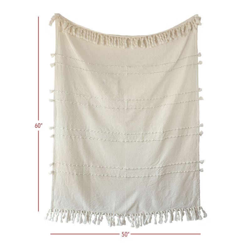 Hand Woven Yarn Fringe & Striped Throw Blanket White Cotton & Acrylic by Foreside Home & Garden, 5 of 6
