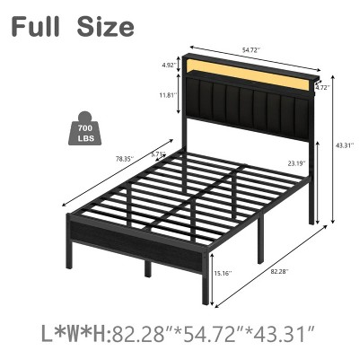 Furnulem Full Bed Frame with Charging Station and LED Light, Platform Bed Grey Upholstered Headboard with 2 Tier Storage Shelves, No Box Spring Needed